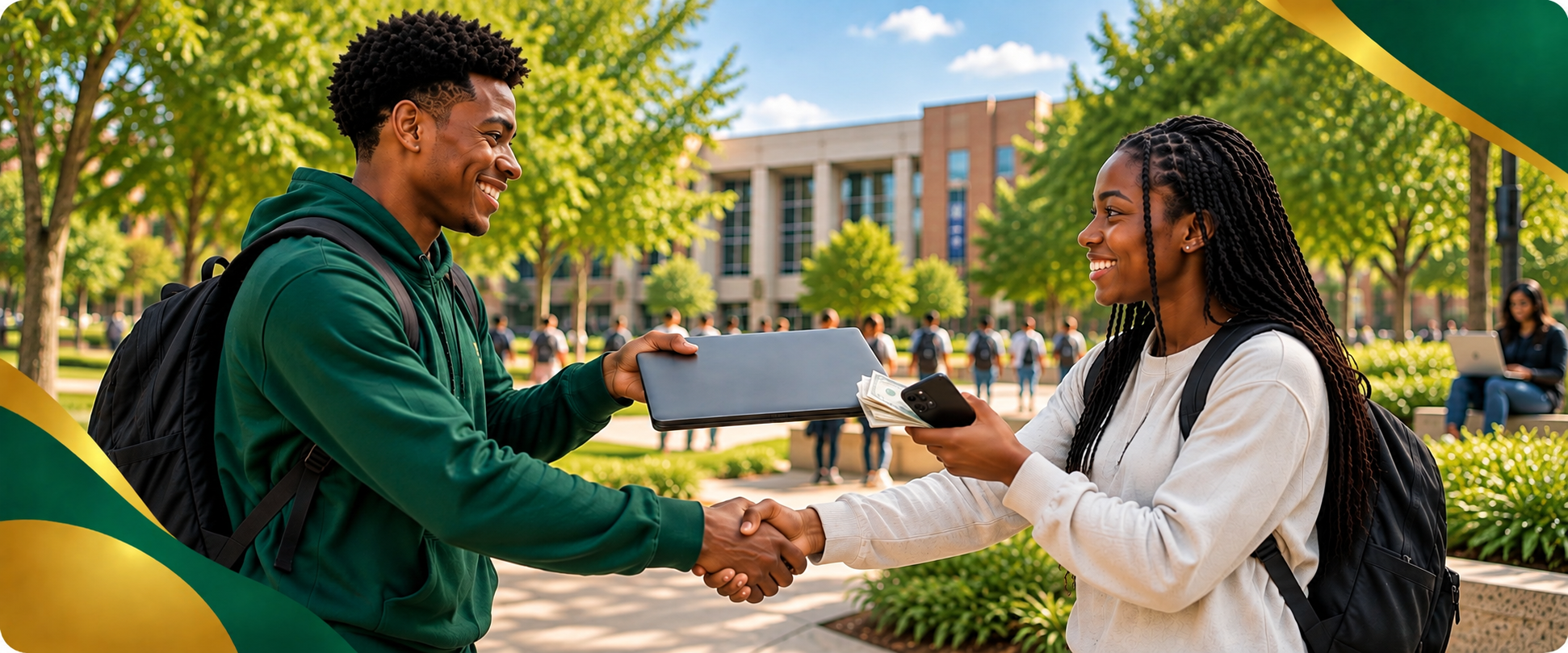 Students completing a marketplace deal on campus